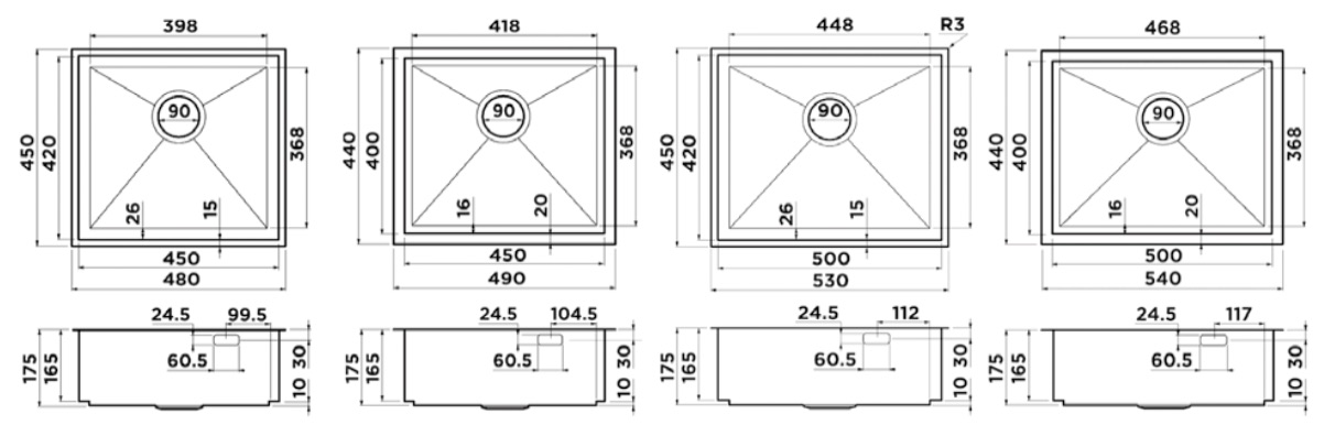 Схемы размеров интегрированных моек